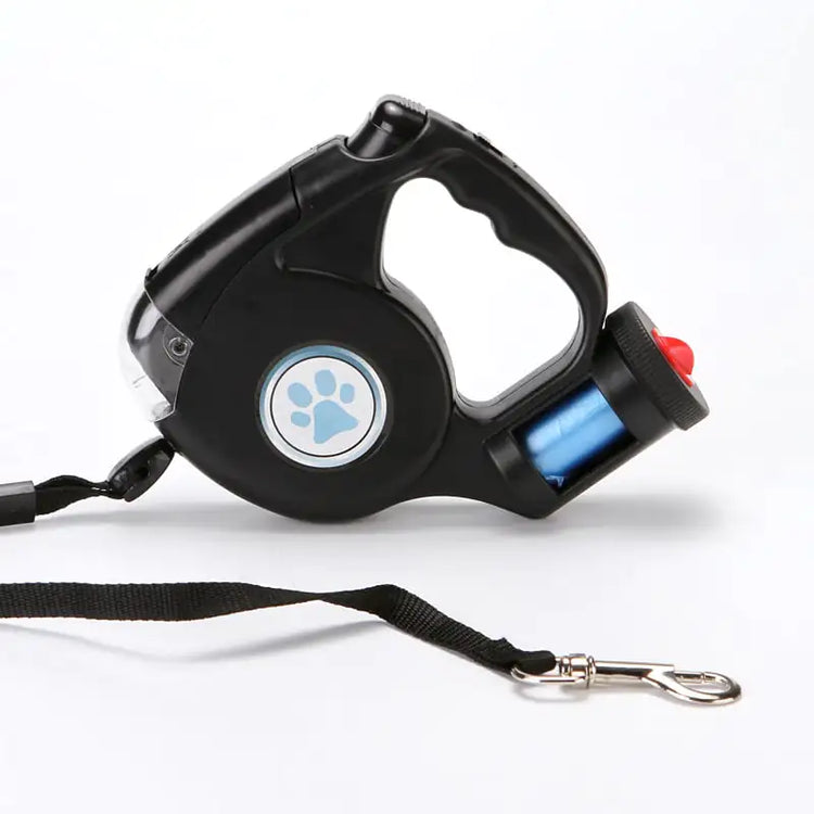 Retractable Dog Leash with Flashlight and Waste Bag Holder